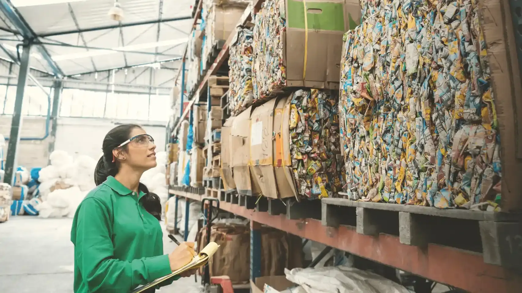 Photographie d'un entrepot avec des ballots de déchêts à recycler